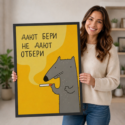 Woman holding large funny wolf smoking cigarette yellow canvas art showing size reference in bright home setting