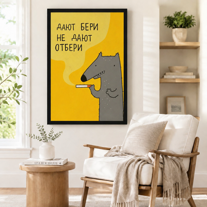 Whimsical smoking wolf yellow background framed wall art beside linen armchair in cozy Scandinavian reading corner