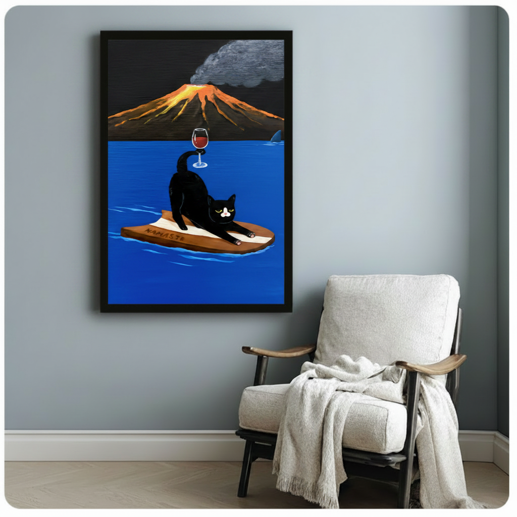 Black framed modern surreal humorous oil painting black and white tuxedo cat stretching in yoga pose on NAMASTE wooden board with red wine glass balanced on curled tail beside shark fin in bright cobalt blue ocean with glowing lava volcano and storm cloud background canvas print on pale blue-grey wall beside white upholstered lounge chair with draped cream throw - witty yoga cat wine volcano wall art for cozy reading nook decor