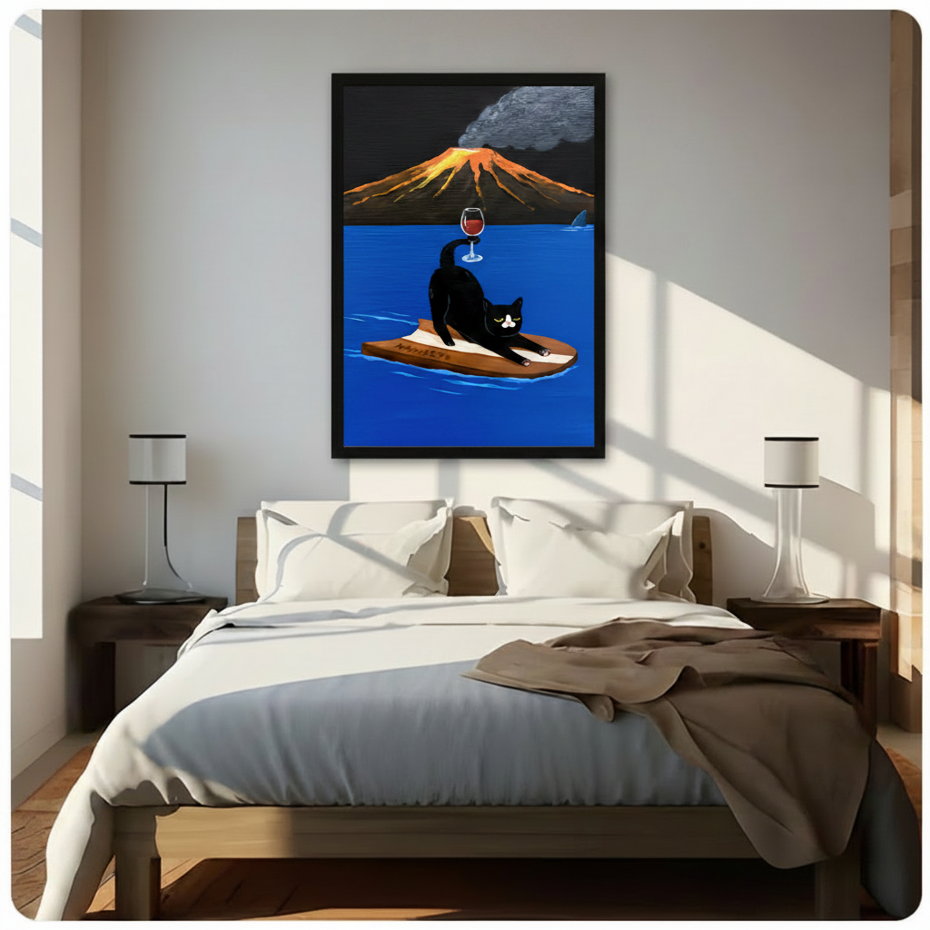 Framed modern surreal humorous oil painting black and white tuxedo cat stretching in yoga pose on NAMASTE wooden board with red wine glass balanced on curled tail beside shark fin in bright cobalt blue ocean with glowing lava volcano and storm cloud background canvas print above dark walnut bed with white linen duvet in sunlit minimalist bedroom with twin slim table lamps - witty yoga cat wine volcano wall art for contemporary bedroom decor