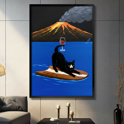 Framed modern surreal humorous oil painting tuxedo black cat doing downward dog yoga pose on wooden NAMASTE surfboard balancing red wine glass on tail with erupting volcano dark smoke cloud and shark fin in vivid blue ocean background canvas print on light grey tile wall in modern living room with charcoal sofa and brass candlesticks - funny yoga cat wine volcano wall art for contemporary home decor