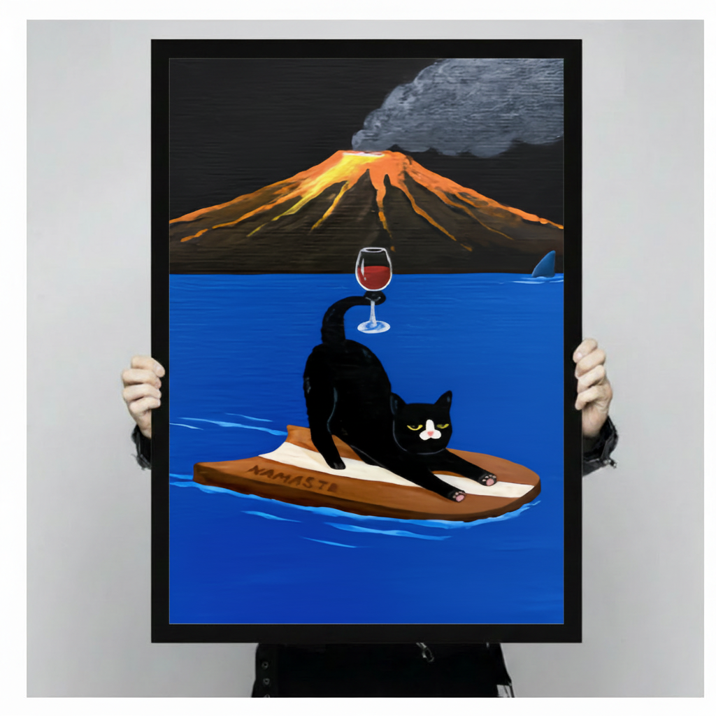 Person holding large framed modern surreal humorous oil painting tuxedo black cat doing downward dog yoga pose on wooden NAMASTE surfboard balancing red wine glass on tail with erupting volcano and shark fin in vivid blue ocean background canvas print with both hands against neutral grey background - close up size reference of funny yoga cat wine volcano wall art with black frame finish