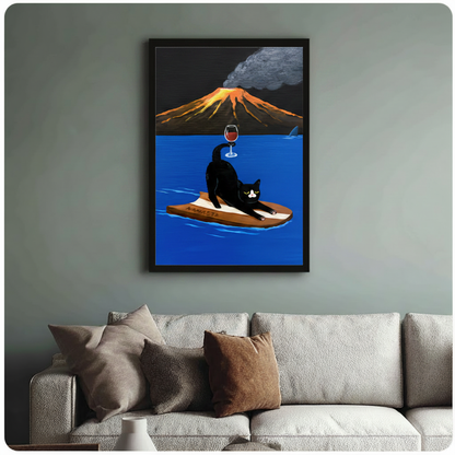 Framed modern surreal humorous oil painting tuxedo black cat doing downward dog yoga pose on wooden NAMASTE surfboard balancing red wine glass on tail with erupting volcano dark smoke cloud and shark fin in vivid blue ocean background canvas print on sage blue-grey wall above cream boucle sofa with mixed linen throw pillows - funny yoga cat wine volcano wall art for stylish living room decor