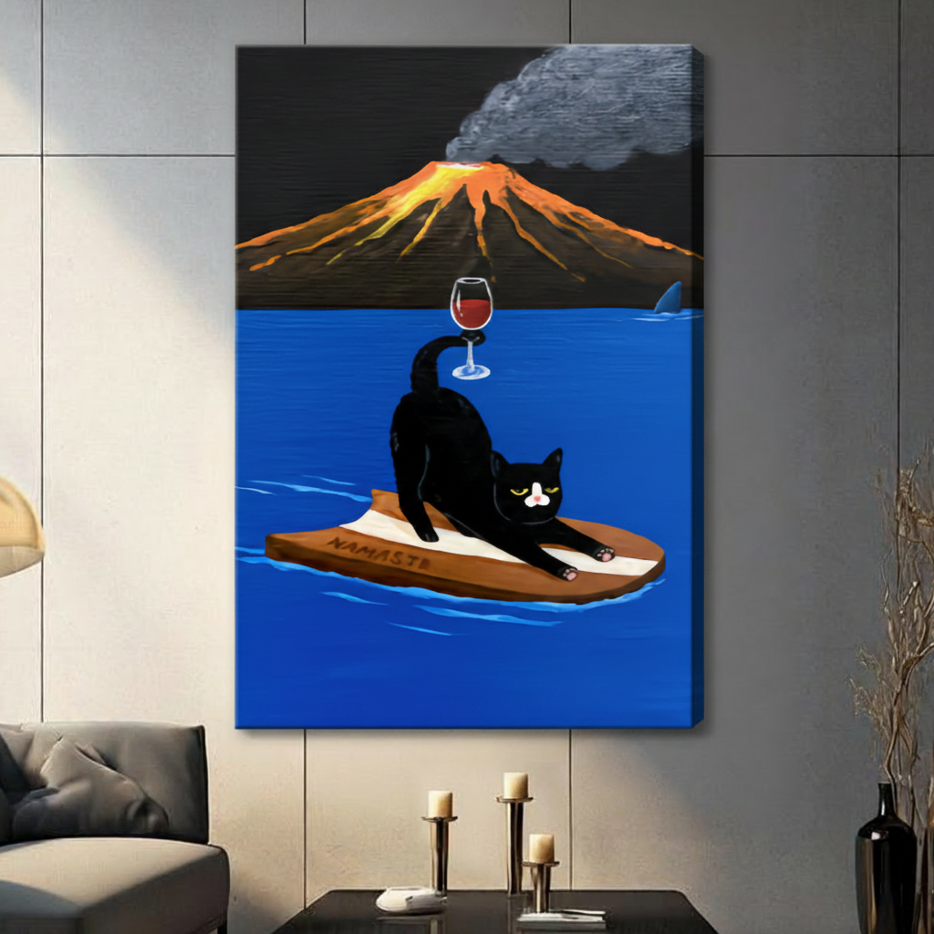 Unframed modern surreal humorous oil painting black and white tuxedo cat stretching in yoga pose on NAMASTE wooden board with red wine glass balanced on curled tail beside shark fin in bright cobalt blue ocean with glowing lava volcano and storm cloud background canvas print on light grey tile wall in contemporary living room - witty yoga cat wine volcano wall art for modern interior decor