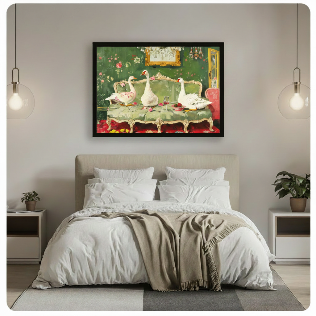 Quirky geese on antique velvet sofa framed wall art above bed in a neutral bedroom with white linen bedding, potted plants, and globe pendant lights