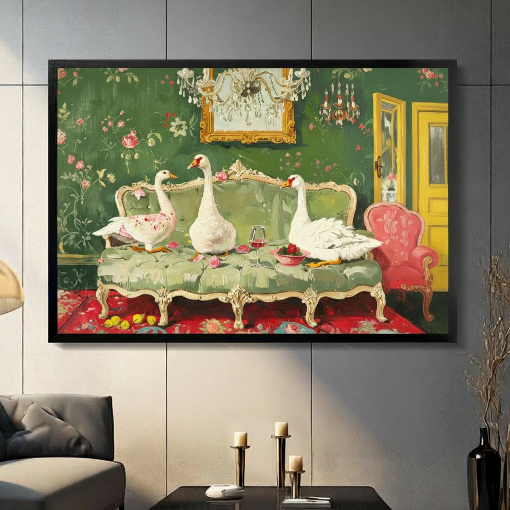 Whimsical geese on baroque green sofa framed canvas wall art displayed in a modern living room with gray sofa and candlesticks