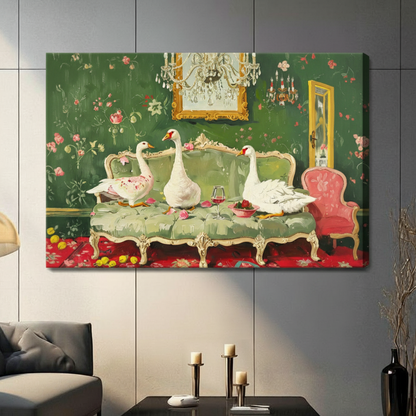Baroque floral room geese on sofa whimsical wall art print in black frame on light gray wall, main product image