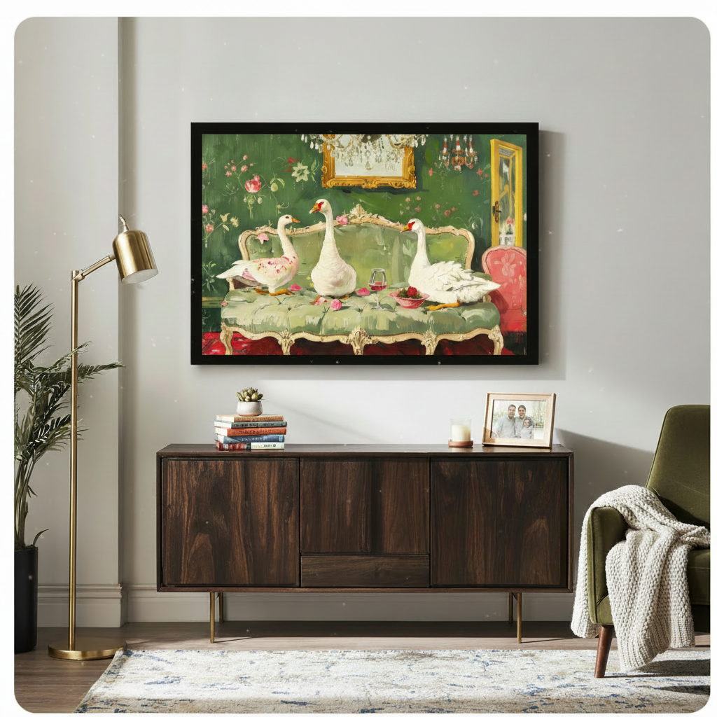 Vintage-style geese party on green sofa framed art print above walnut sideboard in a maximalist living room with gold floor lamp