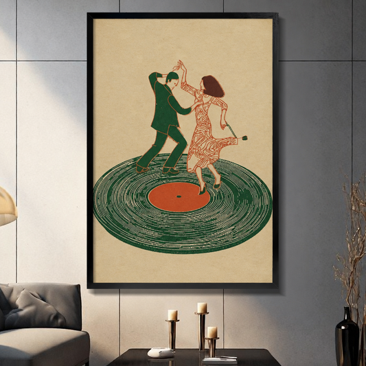 Framed vintage vinyl dance wall art brings warm cream, green, and rust tones to a contemporary living room.