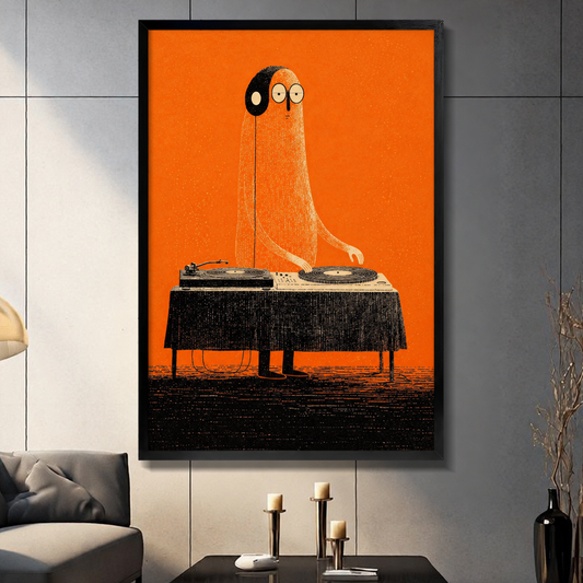 Framed orange ghost DJ canvas wall art brings bold retro music decor to a contemporary living room.