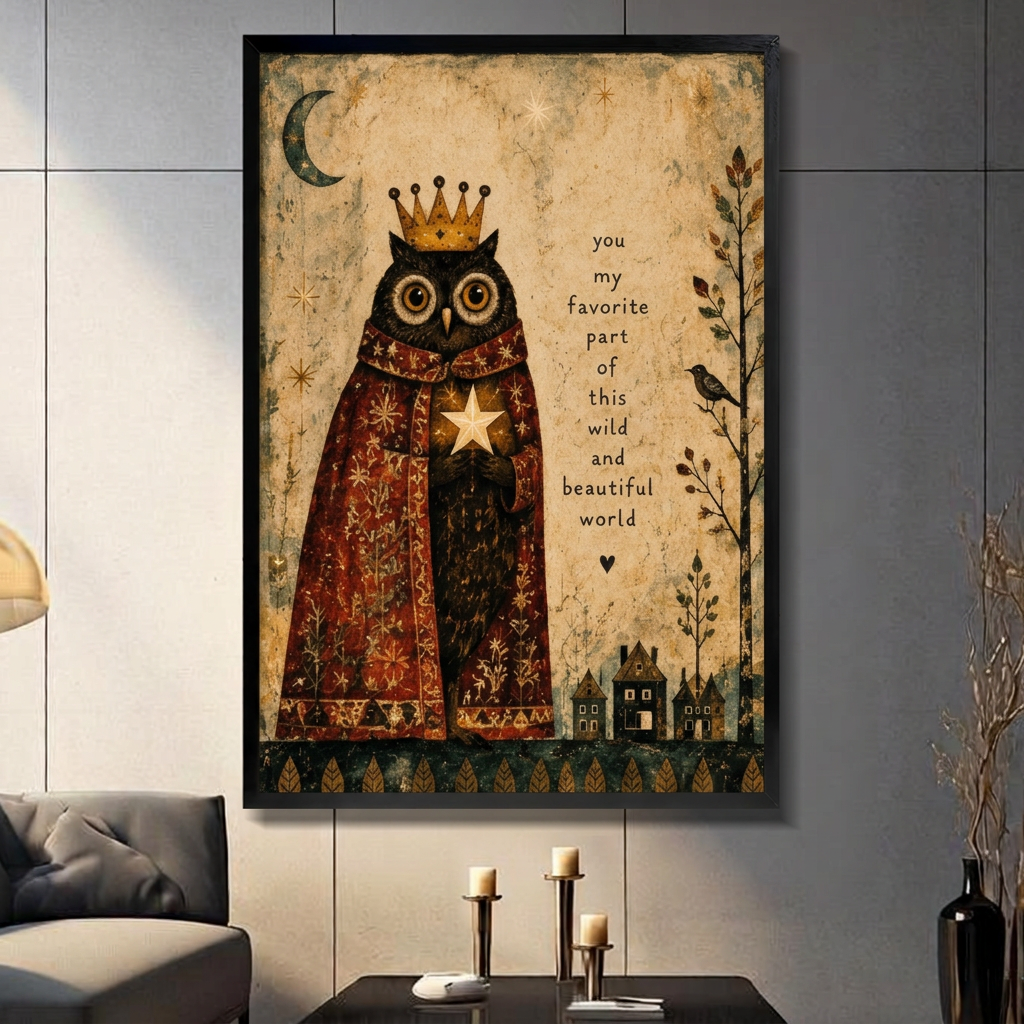 Vintage owl canvas wall art displayed in a black frame above a coffee table with candles.