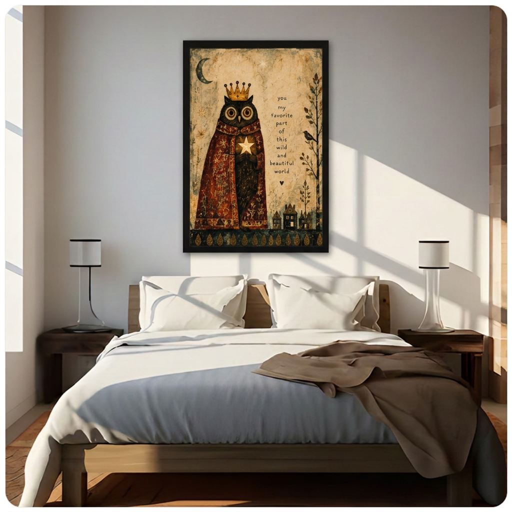 Framed owl wall art featuring a golden crown and burgundy cloak above a bed in a sunlit bedroom.