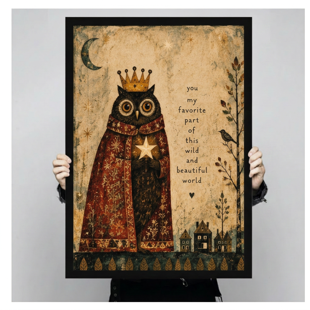 Person holding black framed owl wall art featuring a crescent moon, golden star, and tiny village houses.⠋