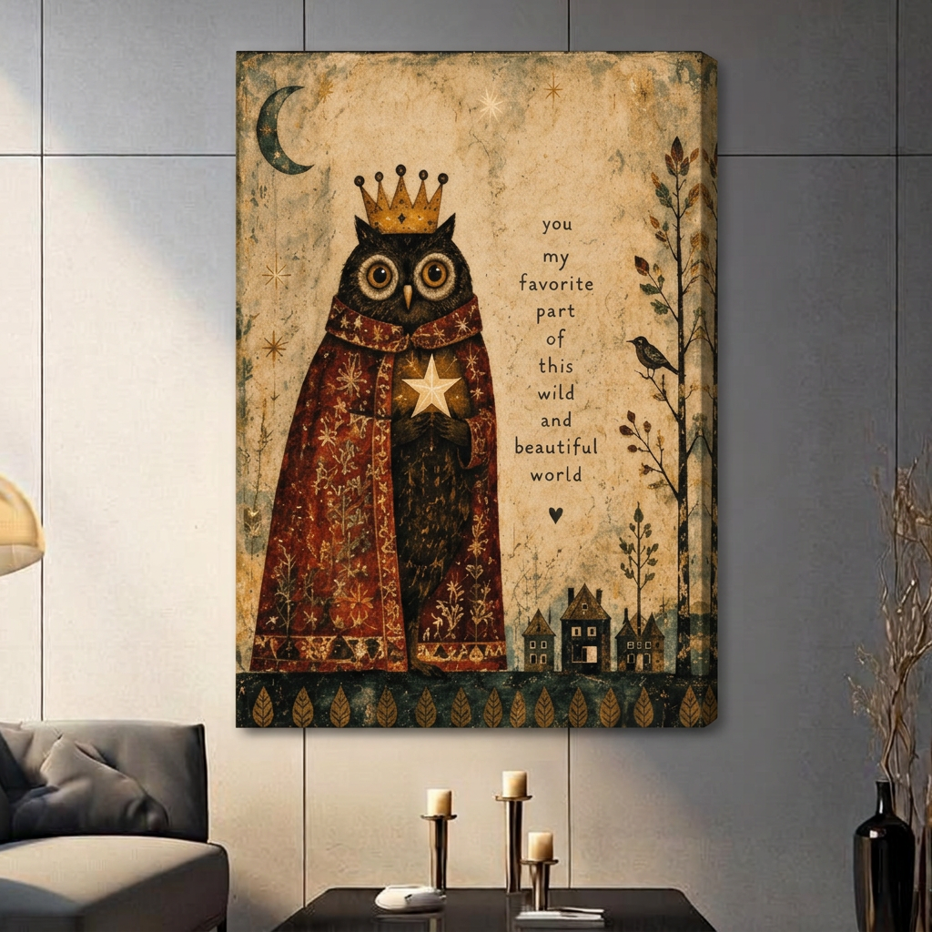 Unframed owl canvas art with wrapped edges, celestial details, and heartfelt lettering on a paneled living room wall.