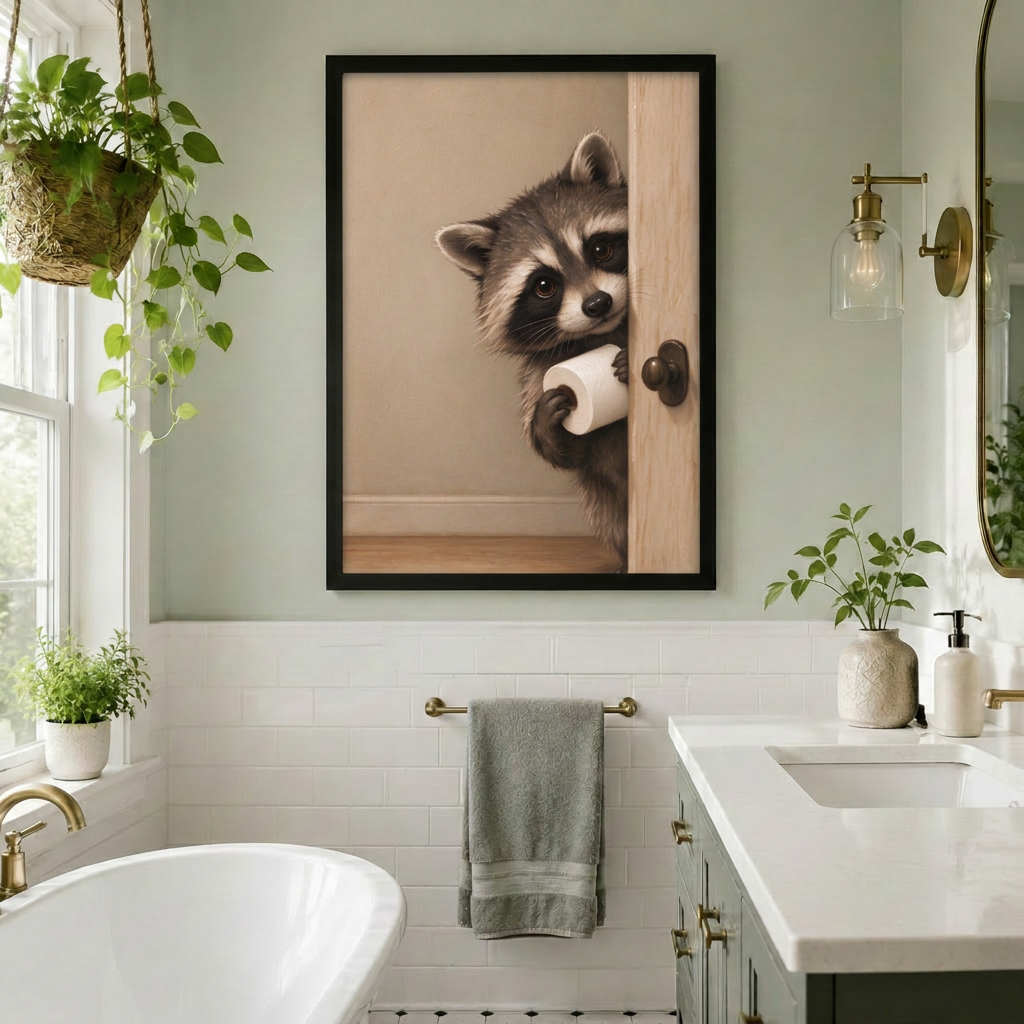 Raccoon bathroom canvas art beside a hanging plant, styled above a towel rack between a bathtub and vanity.