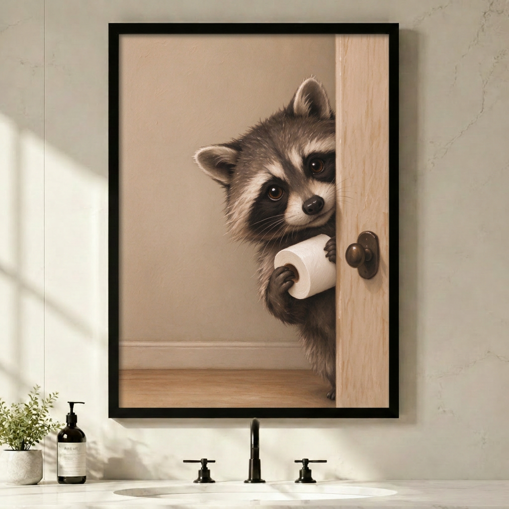 Black framed raccoon wall art showing a curious animal peeking around a wooden door above a sunlit vanity.