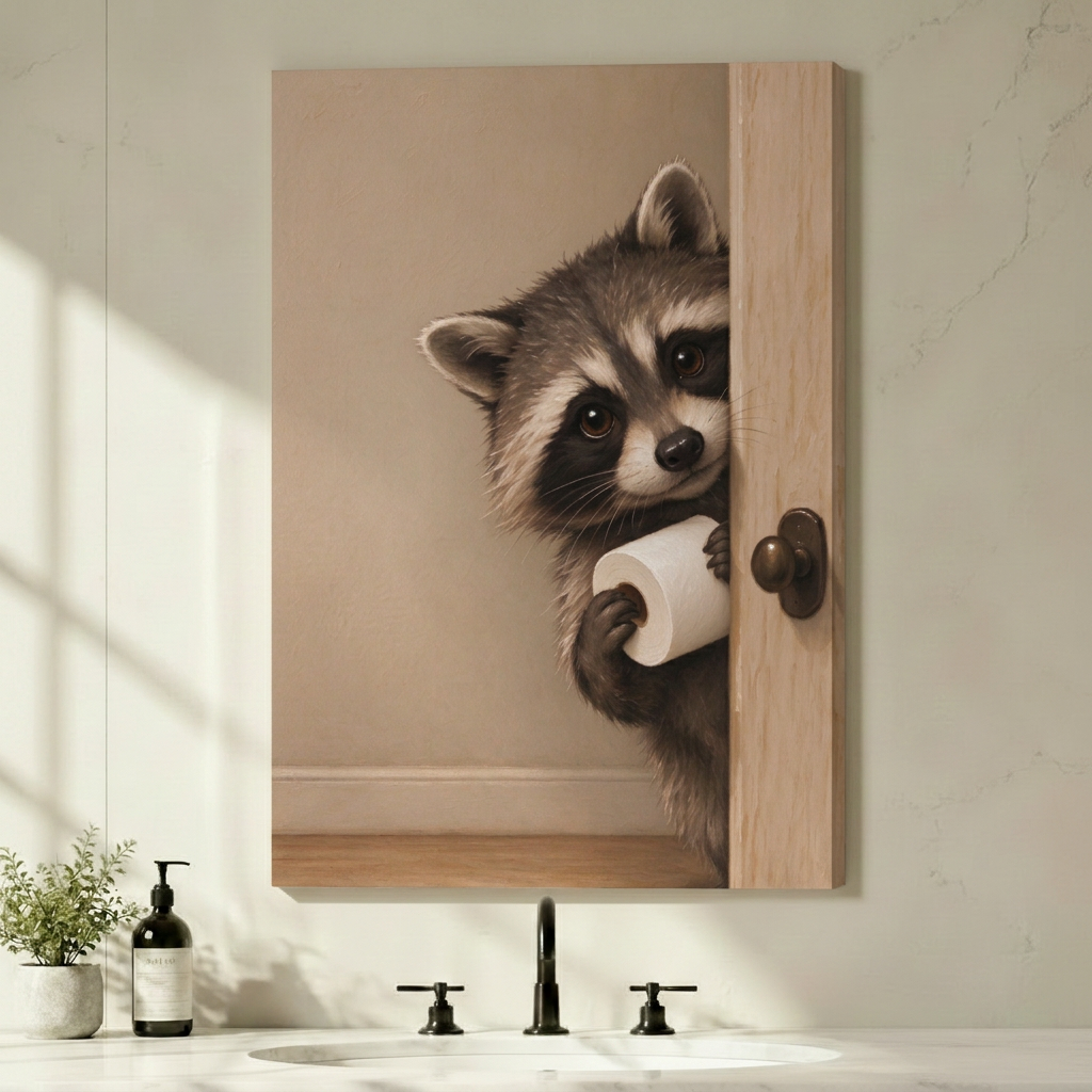 Unframed raccoon canvas art featuring a toilet paper roll, displayed above a bathroom sink with black faucets.