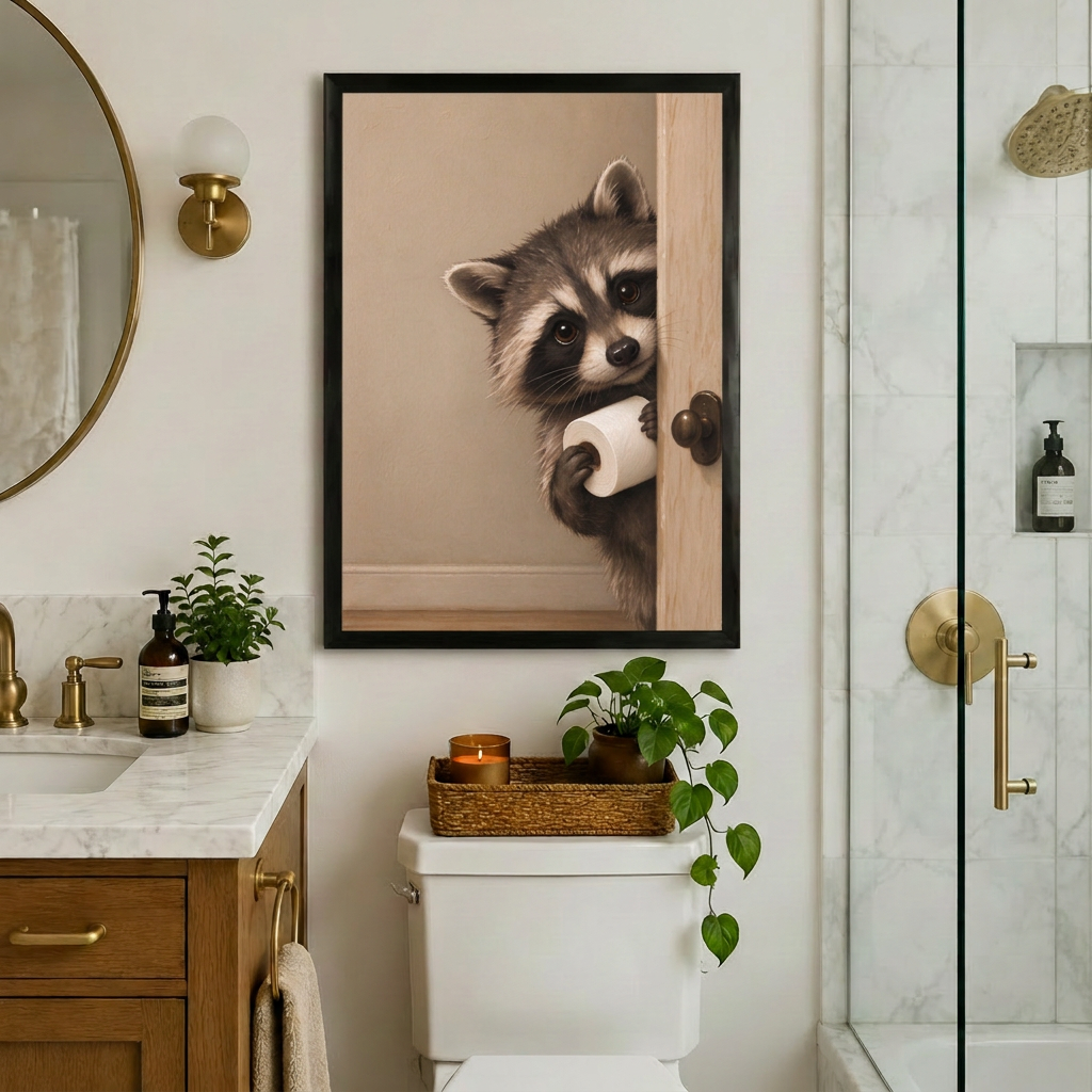 Funny raccoon bathroom wall art in a black frame above a toilet, surrounded by greenery and brass fixtures.