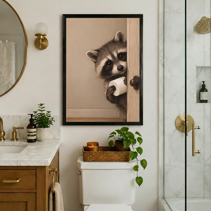 Funny raccoon bathroom wall art in a black frame above a toilet, surrounded by greenery and brass fixtures.