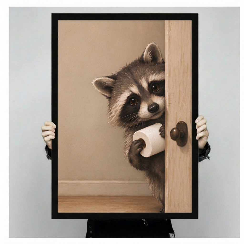 Person holding framed raccoon toilet paper wall art, showcasing detailed fur and a playful pose against warm beige tones.