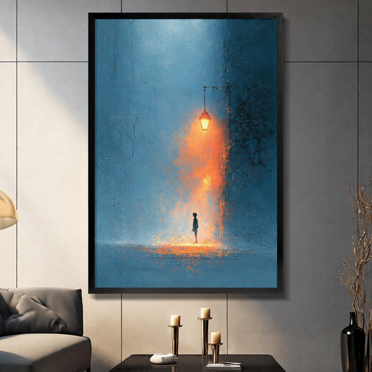 Framed rainy streetlamp canvas wall art brightens a tiled living room, paired with a sofa and candle decor.