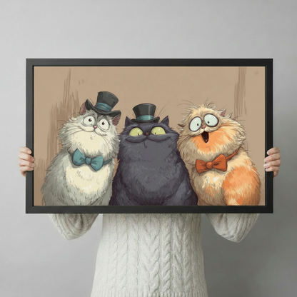 Person holding gentleman cats framed canvas print — humorous cat wall art gift idea for cat lovers and home decorators