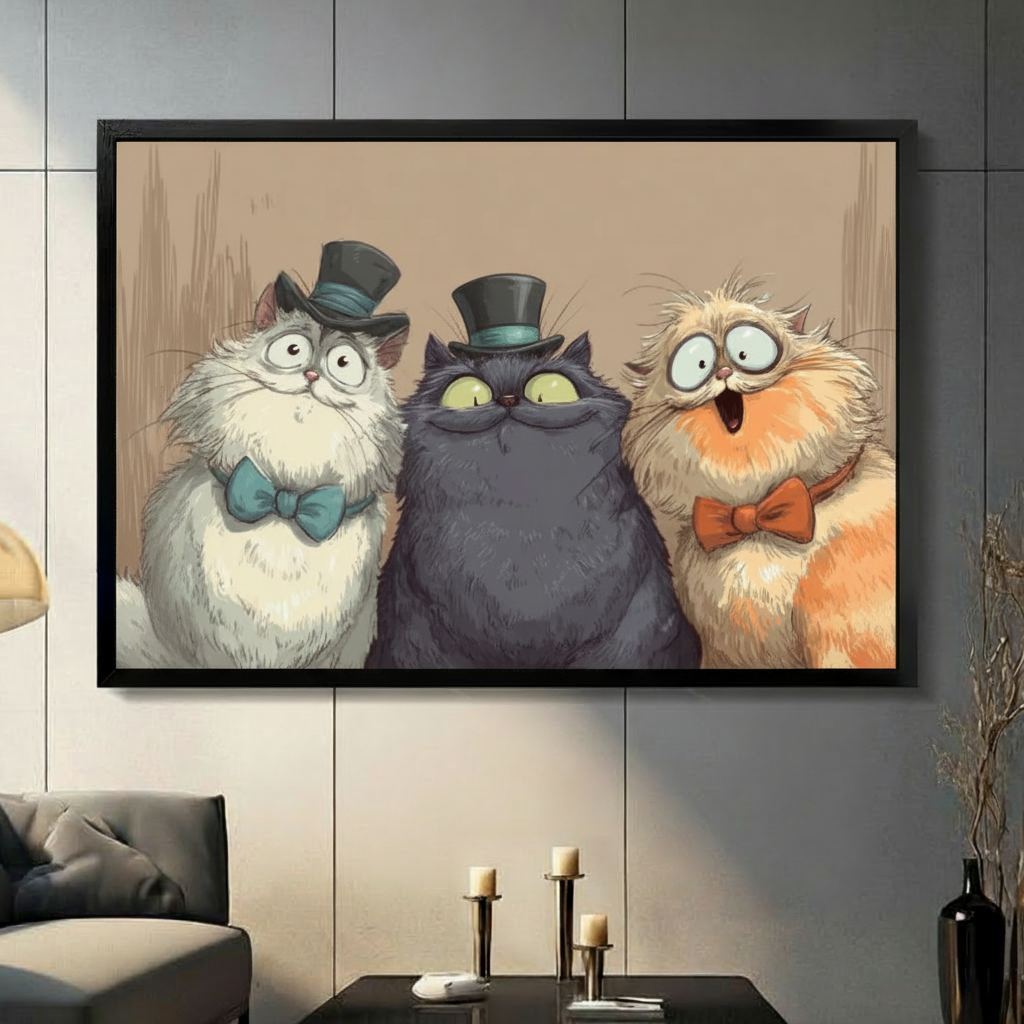 Gentleman cats canvas wall art in black frame — three chubby cats in top hats and bow ties displayed in modern living room with gray sofa