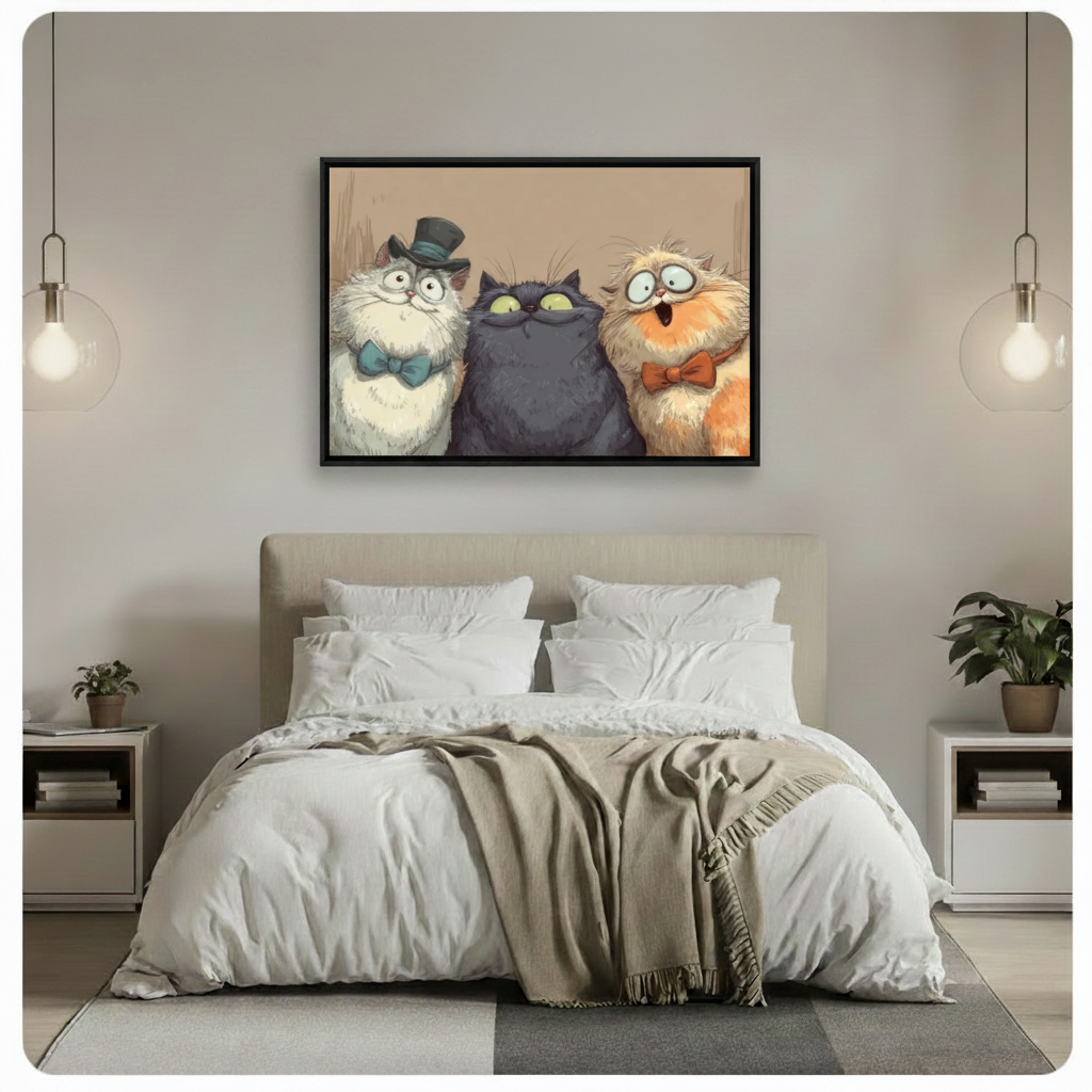 Three cats in top hats gallery wrap canvas on wall — frameless stretched canvas with visible edge depth for modern American interior