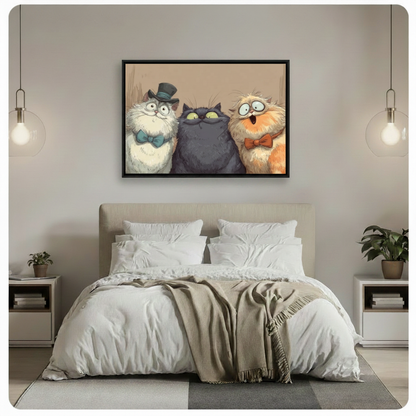 Three cats in top hats gallery wrap canvas on wall — frameless stretched canvas with visible edge depth for modern American interior
