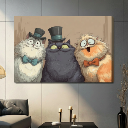 Gentleman cats stretched canvas wall art — frameless gallery wrap of three whimsical cats in top hats above gray sofa in contemporary American home