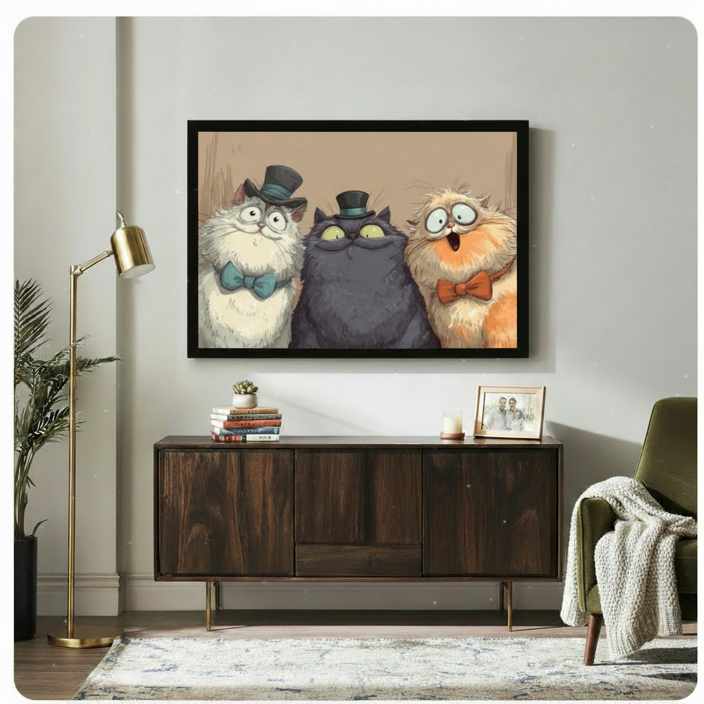 Three cats in top hats gallery wrap canvas on wall — frameless stretched canvas with visible edge depth for modern American interior