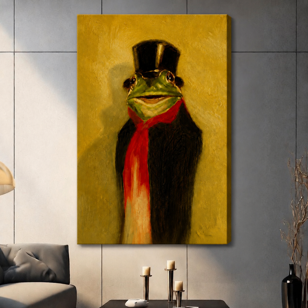 Canvas wall art featuring a distinguished frog gentleman wearing a top hat and red scarf, hung in a contemporary living room setting
