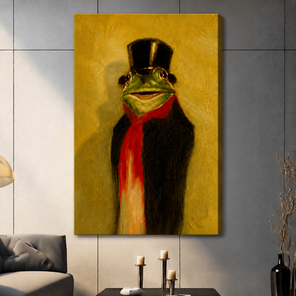 Canvas wall art featuring a distinguished frog gentleman wearing a top hat and red scarf, hung in a contemporary living room setting