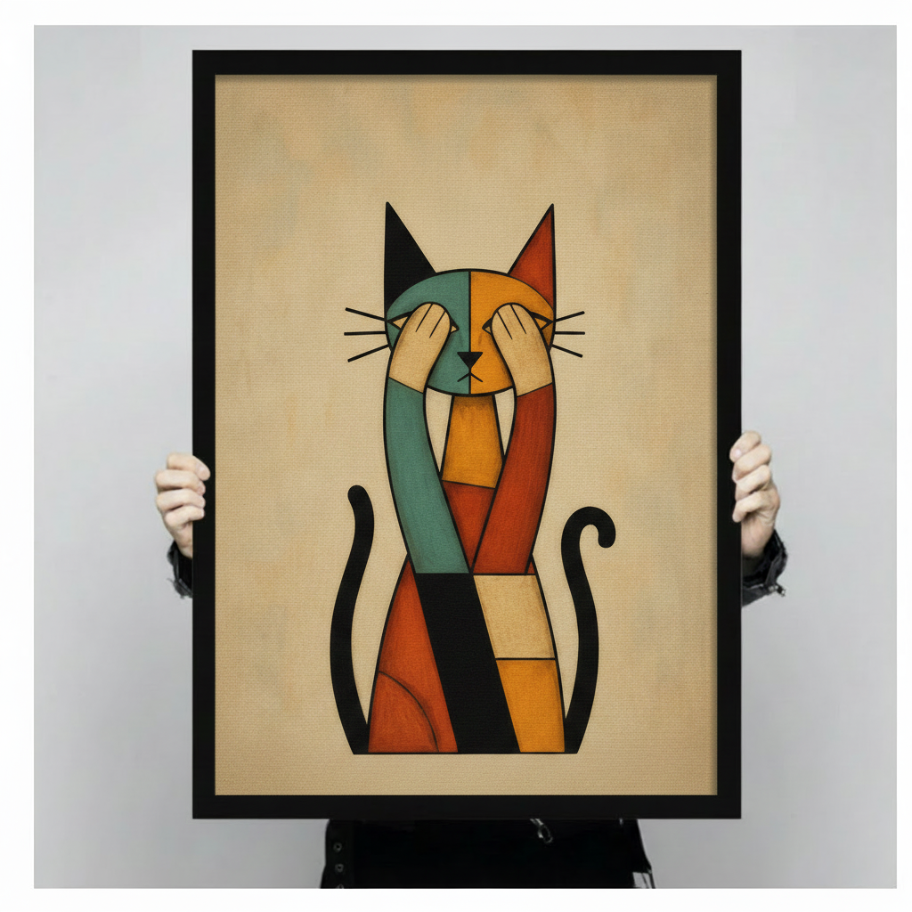 Person holding large framed canvas print of geometric teal and orange cubist cat — premium abstract animal wall art with black wood frame