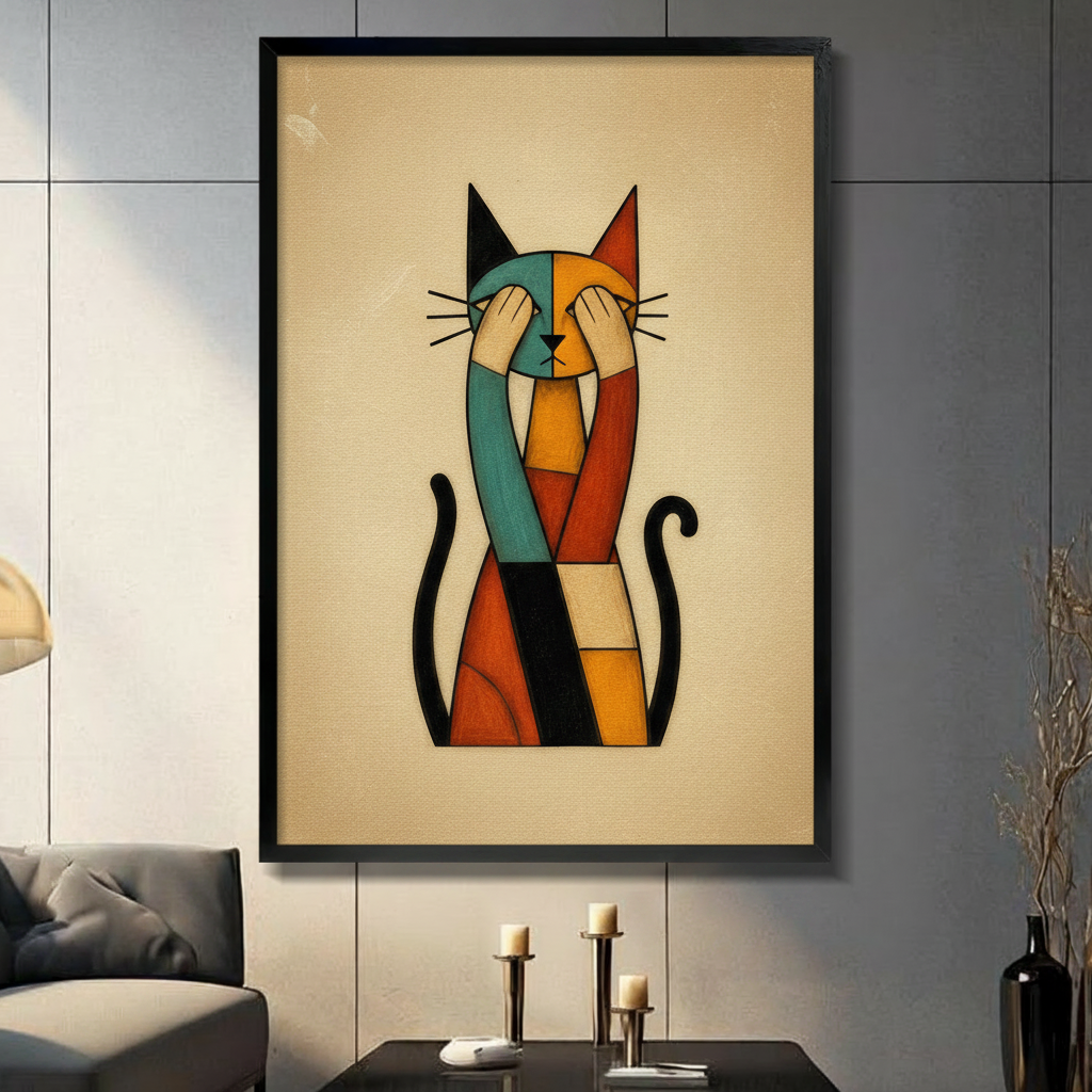 Geometric cubist cat in teal orange and black framed canvas wall art displayed in modern living room with grey accent wall and candlestick decor