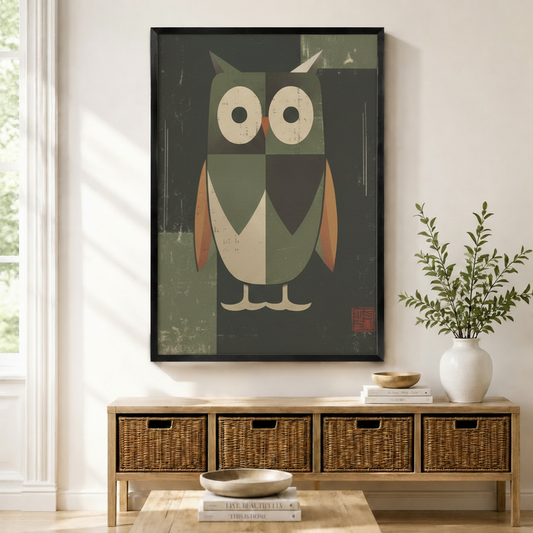 Black-framed geometric owl canvas art hung above a wicker console in a bright entryway — vintage Japanese-style bird wall decor
