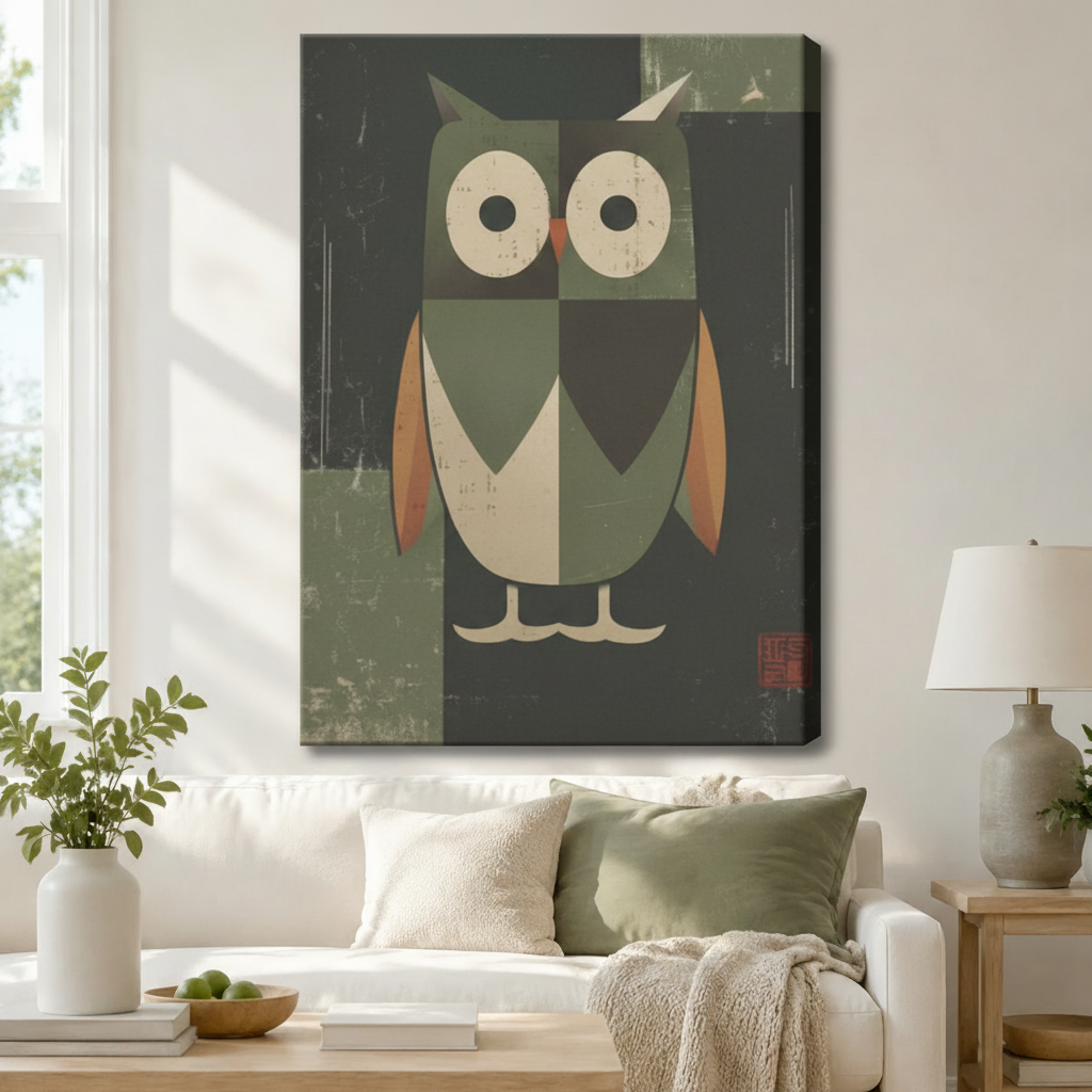 Gallery-wrapped geometric owl canvas print displayed above a white sofa in a Japandi living room — sage green bird wall art