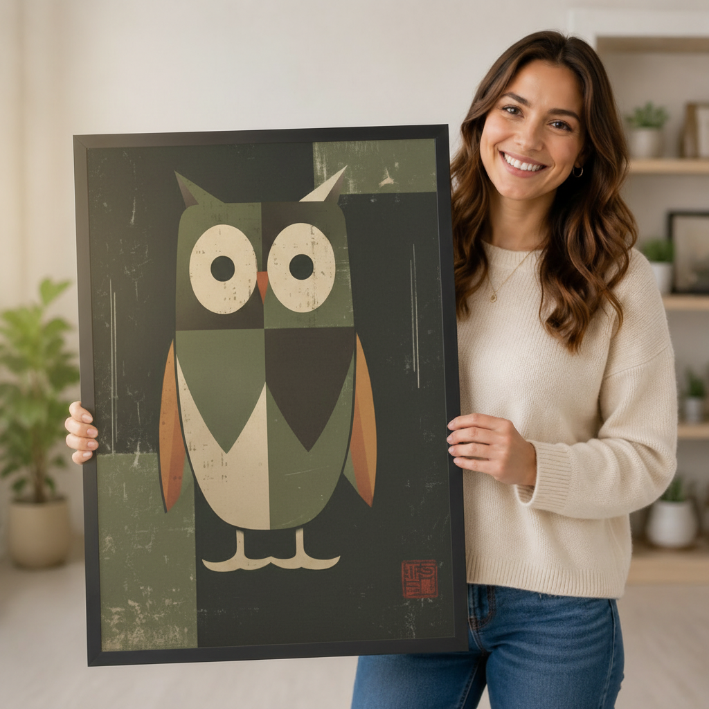 Woman holding black-framed geometric owl canvas art — whimsical vintage bird print for modern American home decor