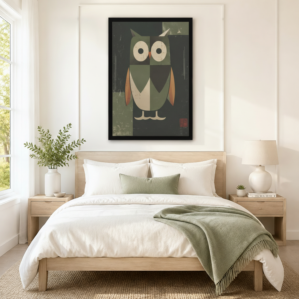 Black-framed geometric owl canvas art hung above a neutral bedroom bed — Japandi-style sage green bird wall decor
