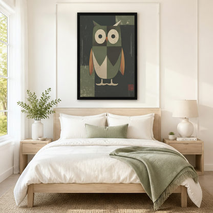 Black-framed geometric owl canvas art hung above a neutral bedroom bed — Japandi-style sage green bird wall decor