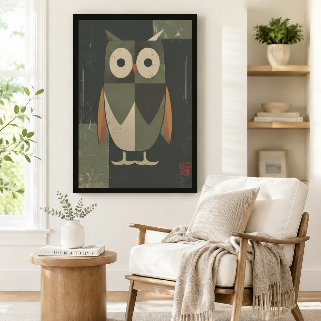 Framed geometric owl wall art beside a linen armchair in a minimalist reading nook — earthy tone vintage bird canvas print