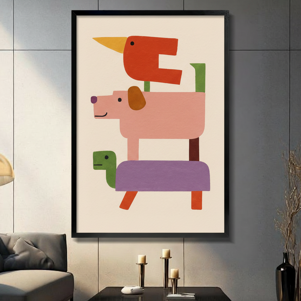 Geometric stacked animals canvas wall art in black frame on dark grey panel wall – abstract red bird pink dog green turtle colorful block illustration print for living room