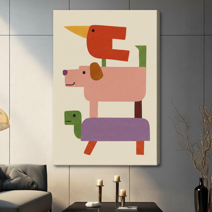 Frameless geometric stacked animals canvas print on grey panel wall – minimalist abstract red bird pink dog green turtle block art for contemporary living room decor