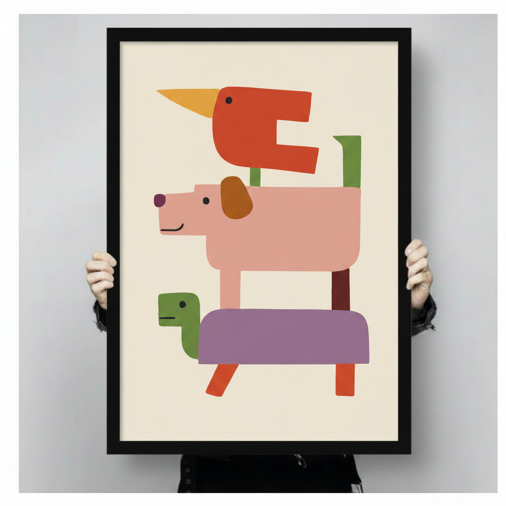 Hands holding framed geometric stacked animals canvas wall art – abstract red bird pink dog green turtle colorful block illustration size reference display