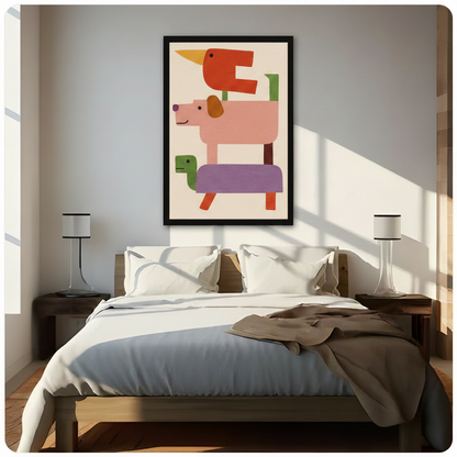 Framed geometric abstract stacked animals canvas above white bed in sunlit modern bedroom – colorful red bird pink dog turtle minimalist block wall art for bedroom decor