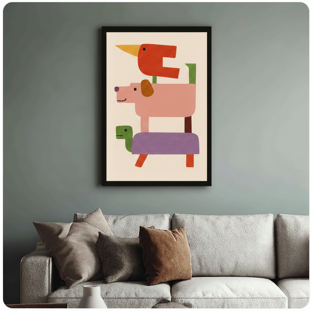 Framed geometric abstract stacked animals canvas above linen sofa on sage green wall – colorful red bird pink dog turtle block illustration wall art for living room
