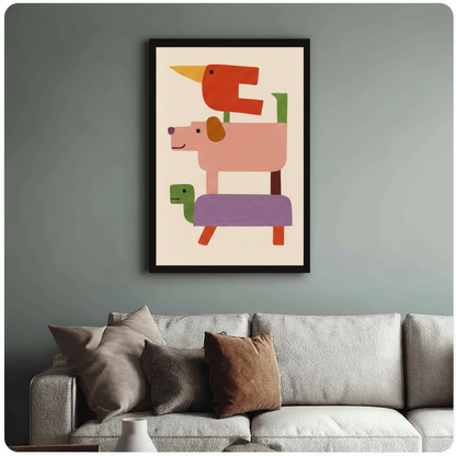 Framed geometric abstract stacked animals canvas above linen sofa on sage green wall – colorful red bird pink dog turtle block illustration wall art for living room