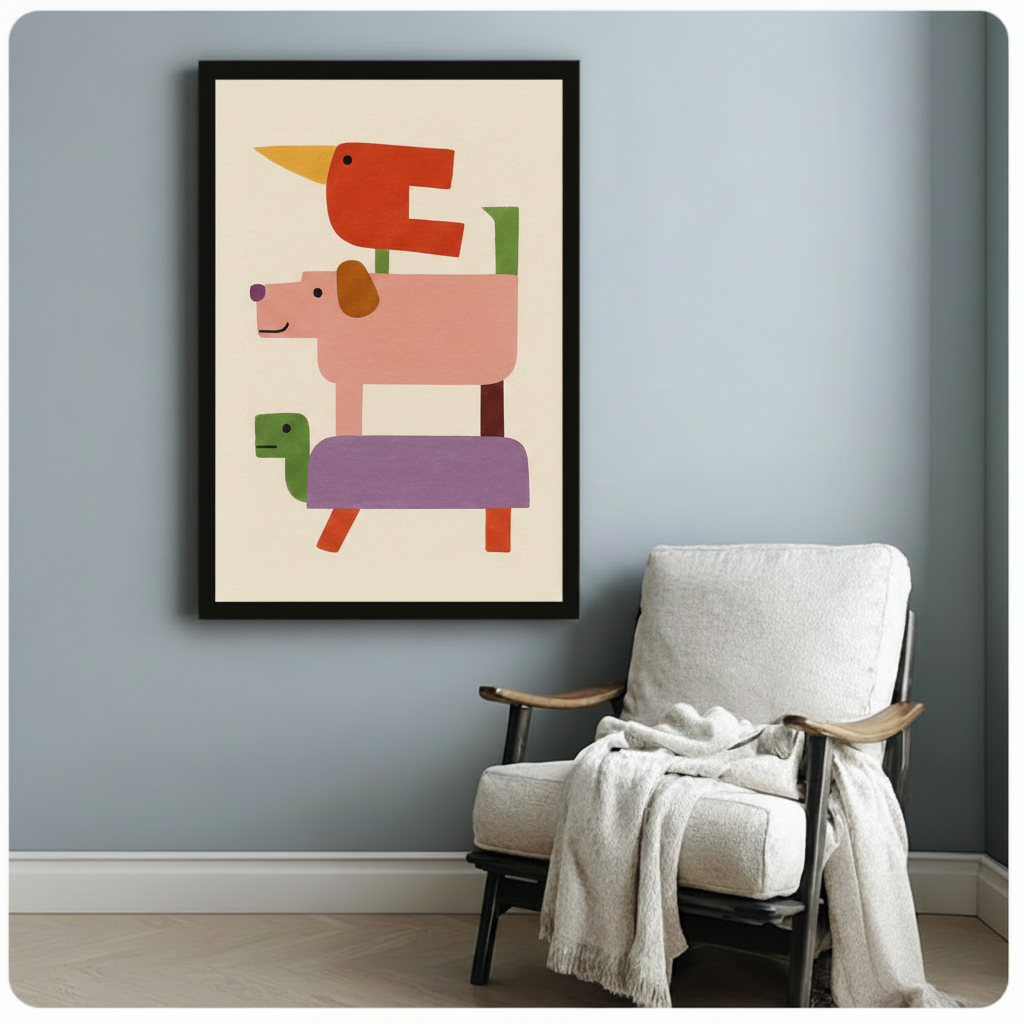 Abstract geometric stacked animals framed canvas beside linen armchair on blue-grey wall – playful red bird pink dog green turtle block art for reading nook or hallway