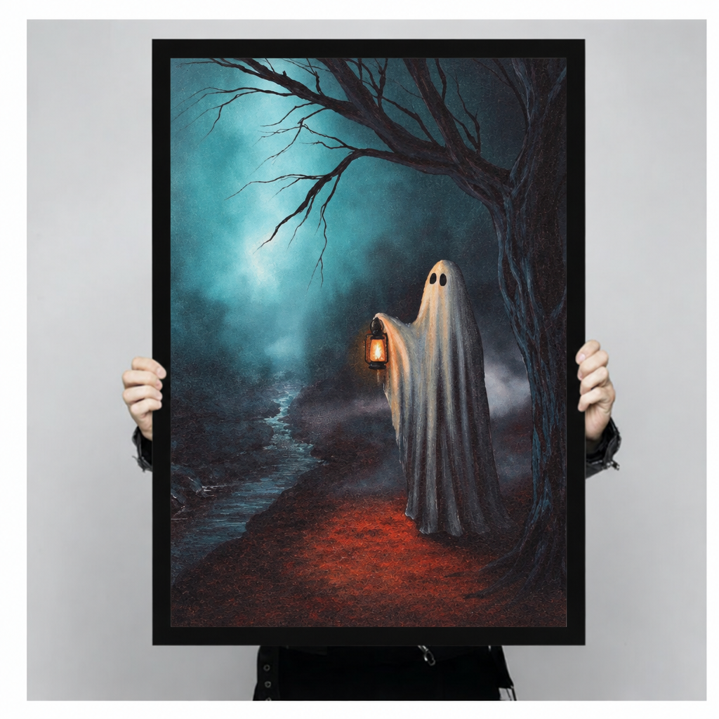 Person holding black-framed ghost wall art featuring a glowing lantern beside a stream in a misty teal forest.