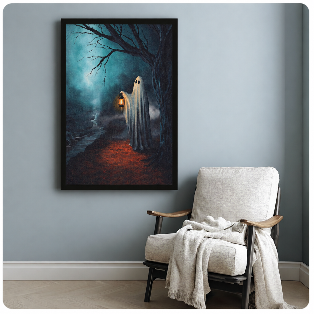 Gothic ghost lantern canvas art in a black frame beside a white armchair against a blue-gray wall.